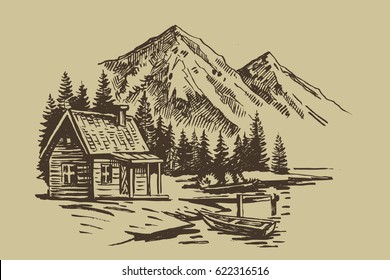 Hand drawn vector illustration of mountain landscape