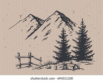 Hand drawn vector illustration of mountain landscape