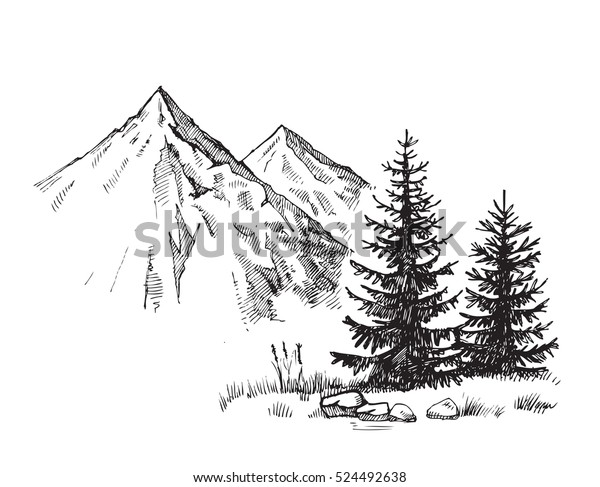 Hand\
drawn vector illustration of mountain\
landscape
