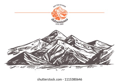 Hand drawn vector illustration of mountains. Rock in sketch engraving style for adventure design