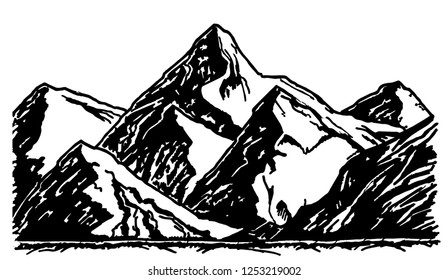 Hand drawn vector illustration of mountains. Rocks in sketch engraving style for adventure design