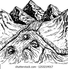 Hand drawn vector illustration of mountains. Rocks and waterfall in sketch engraving style for adventure design