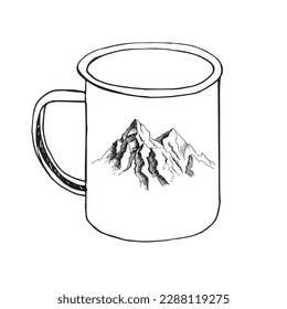 Hand drawn vector illustration of a mug decorated with mountains in doodle style on white background. Isolated black outline. Camping and tourism equipment.