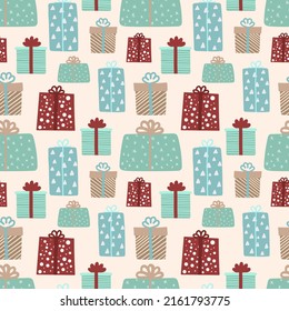 From hand drawn vector illustration of multi-colored gifts on a beige background. Seamless pattern for Christmas and New Year.