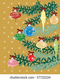 a hand drawn vector illustration of multicolored Christmas decorations on a tree with red bows and a gold background