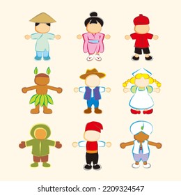 Handgezeichnete Vektorgrafik der multikulturellen nationalen Bevölkerung, Reihe internationaler Kinder in traditionellen Kostümen auf der ganzen Welt