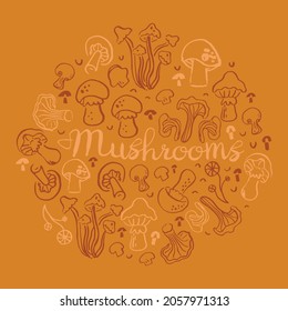Hand drawn vector illustration of mushrooms. Isolated object on autumn mood color. Scribble doodle style flat design. Concept for children print. Woodland.