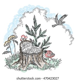 Hand Drawn Vector Illustration. Mushrooms on a Stub, the Flying Bird and Small Fir-Tree. Vintage Card with Watercolor Effect.