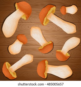 Hand drawn vector illustration with mushrooms set : cep boletus on wood background. Fresh organic food. mushrooms on a wooden background