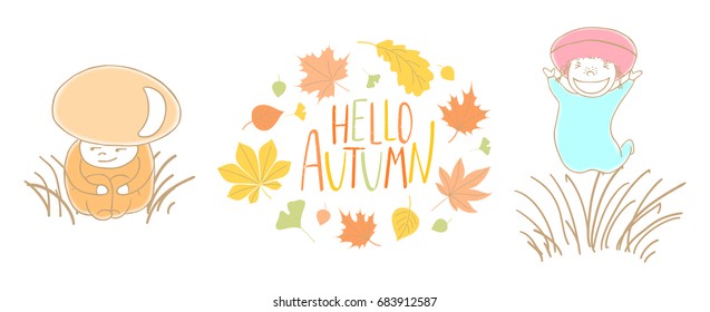 Hand drawn vector illustration of mushrooms red capped scaber stalk, woolly milk cap in grass with wreath of leaves, text Hello Autumn. Isolated objects on white background. Design concept for kids.