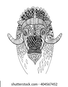 Hand drawn vector illustration of a musk ox's head filled with decorative drops, dots, petals,lines, waves.