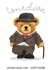 Hand drawn vector illustration of mustachioed bear in comedian style with stick