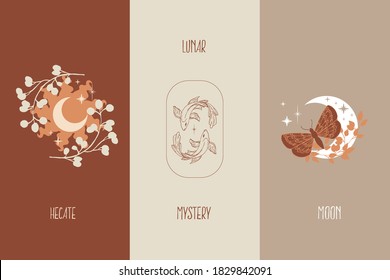 Hand drawn vector illustration of mystic logo. Magical outline clipart for print, card, textil design. Alchemy, magic, esoteric, occult, spiritual set.