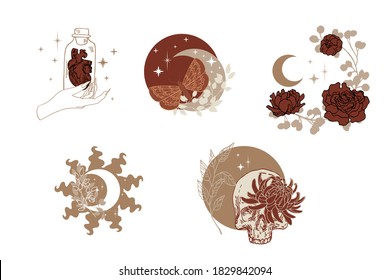 Hand drawn vector illustration of mystic items. Magical outline clipart for logo, print, card, textil design. Alchemy, magic, esoteric, occult, spiritual set.