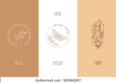 Ilustración vectorial dibujada a mano del logo místico. Recorte mágico para impresión, tarjeta, diseño textil. Alquimia, magia, esotérica, oculta, espiritual.