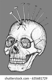 Hand drawn vector illustration. Nails sticking out of the skull. Isolated background