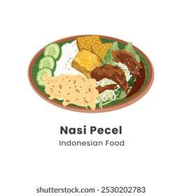 Ilustración vectorial dibujada a mano de la comida tradicional indonesia Nasi Pecel