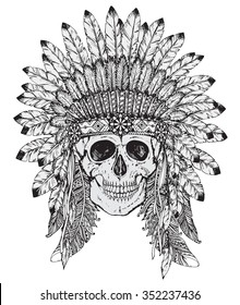 Hand drawn vector  illustration of Native American Indian headdress with human skull in sketch style. Traditional tribal chief feather hat and skull.