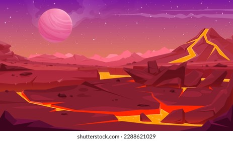 Hand -drawn vector illustration of the natural landscape of the planet with the current lava in crevices.