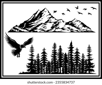 Hand Drawn Vector illustration of nature mountain eagle pine trees forest silhouette drawing board