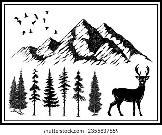 Hand Drawn vector illustration of nature mountain pine trees deer board svg