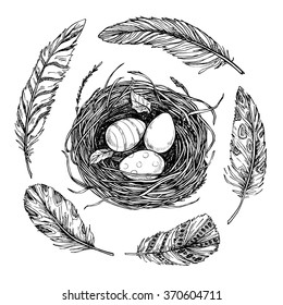 Hand drawn vector illustration - nest with spring eggs and feathers. Happy Easter! Sketch
