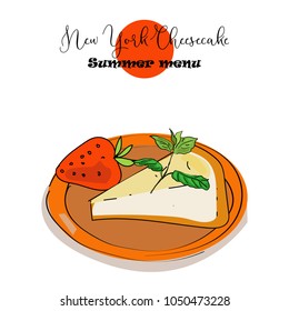 Hand drawn vector illustration of New York Cheesecake in sketch style. An idea for summer menu.