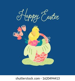 Hand drawn vector illustration of a nice wicker basket with tulips, colorful eggs and a cute chick isolated on navy blue background. Happy Easter lettering. Great for greeting cards and posters.