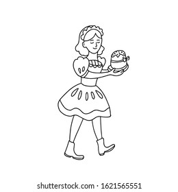 Hand drawn vector illustration of a nice girl bringing easter cake in doodle style isolated on white background. Great for Easter greeting cards, poster, coloring books and logo.