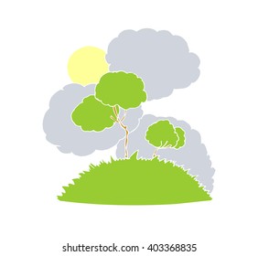 Hand drawn vector illustration "Nice day". A group of trees on the hill against  the  sun shining among the clouds.