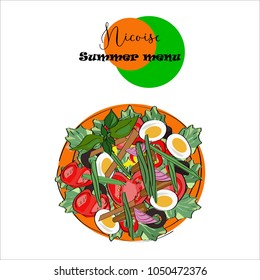 Hand drawn vector illustration of Nicoise salad in sketch style. An idea for summer menu.