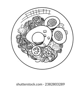 Ilustración vectorial a mano de fideos con huevos y verduras en cuencas.