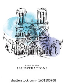 Hand drawn vector illustration of Notre-Dame de Paris made in vintage style. Watercolor background. Ink drawing. Scrapbooking. Paris wine and romance. Blue watercolor spots.