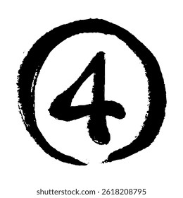 Hand drawn vector illustration of the number 4 in a circle with a brush touch. Color black.
