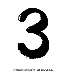 Hand drawn vector illustration of the number 3 with brush touch. Color black.