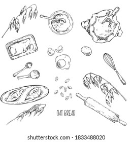 Hand drawn vector illustration of oat bread recipe. Inventory and bake cooking products. Pastry and bakery for fast food menu, cafe decor