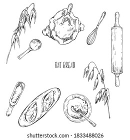 Hand drawn vector illustration of oat bread recipe. Inventory and bake cooking products. Pastry and bakery for fast food menu, cafe decor