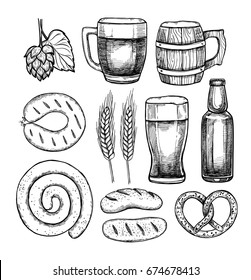 Hand drawn vector illustration - Octoberfest / beer fest (malt, hop, glass, bottle, Bavarian sausages, Pretzel). Design elements in engraving style. Perfect for invitations,  posters, prints