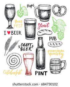 Hand drawn vector illustration - Octoberfest / beer fest (malt, hop, glass, bottle, sausages, Pretzel). Design elements in engraving style with lettering. Perfect for posters, prints, menu