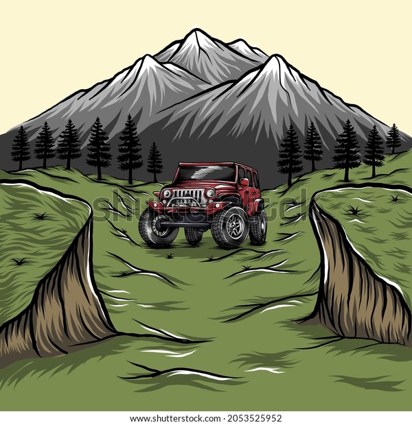 Hand drawn Vector illustration of\
Off road car in mountain. Adventure car illustration using for\
sticker, logo, merchandise, badge, background,\
advertising