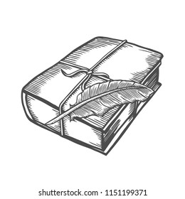 Hand drawn vector illustration of old book tied with goose feather for writing.