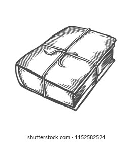 Hand drawn vector illustration of old book tied with an old rope.