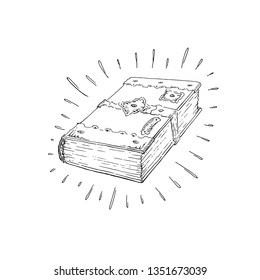 Hand drawn vector illustration of an old book. A vintage style ink sketch. Vector illustration isolated on white background