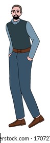 Hand drawn vector illustration. An old man walks holding his hands in his pockets. Doodles of people in casual style in full growth. Colored cartoon drawing isolated on white. Flat, simple picture.