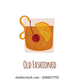 Hand drawn vector illustration of Old Fashioned alcoholic cocktail drink. Isolated on white background