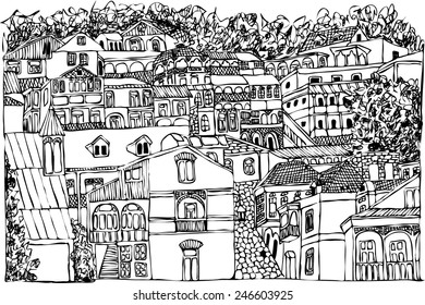 hand drawn vector illustration of the old town