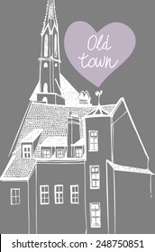 Hand drawn vector illustration with old buildings. Riga. Latvia.