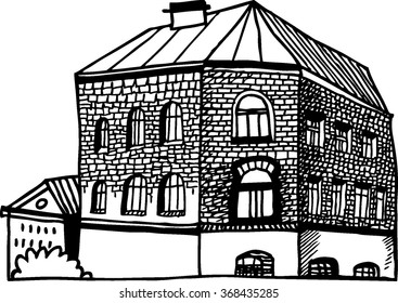 Hand drawn vector illustration with old brick buildings. Ink picture.