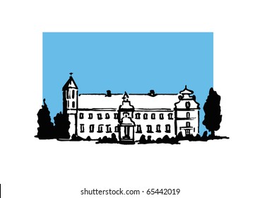 Hand drawn vector illustration of an old European castle