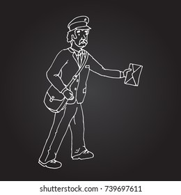 Hand drawn vector illustration of old postman on chalk board